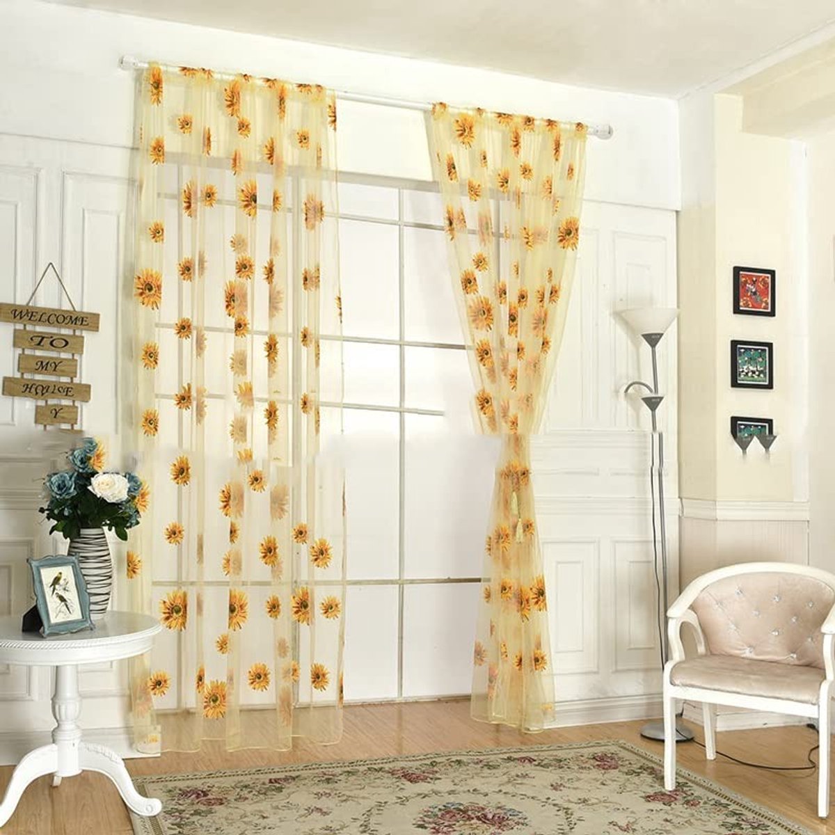 Dailygoods - Zonnebloemgordijnen - Raam Tule Gordijn - Organza Gordijn - Geel - Bloem Motief - Perfect voor Woonkamer - 100 x 200 cm