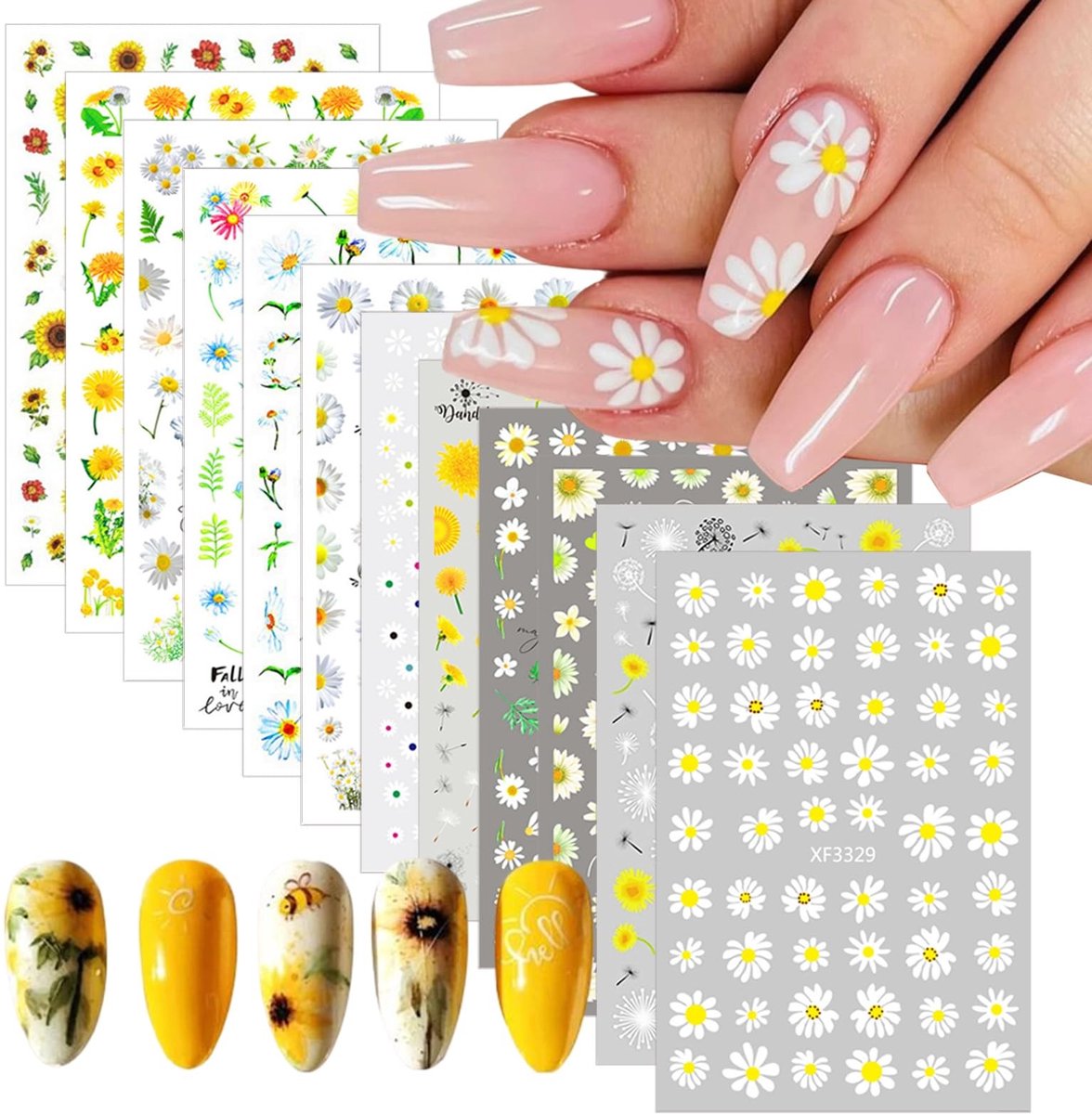 Dailygoods- Nagelstickers Zelfklevend - 12 Vellen - 3D-effect - Bloemen - UV-hardend - Geel/Wit Madeliefjes - Nagelkunst