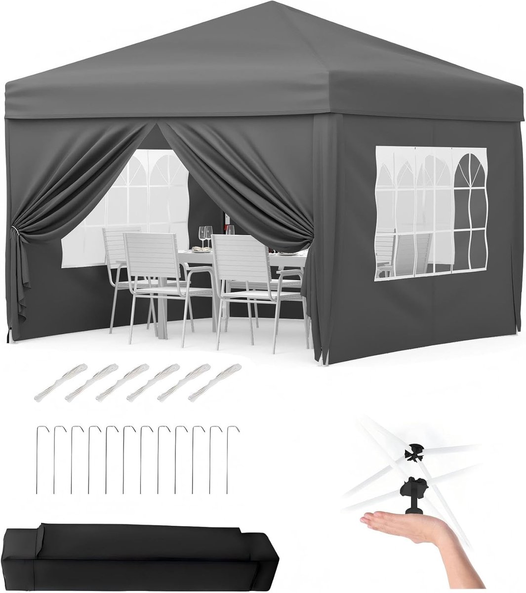 Tuin Paviljoen - Partytent met Zijwanden - 3x3m - Opvouwbaar Waterdicht Pop-up - Hoogte Verstelbaar - Voor Tuinfeest, Camping, Bruiloft, Terras - Grijs