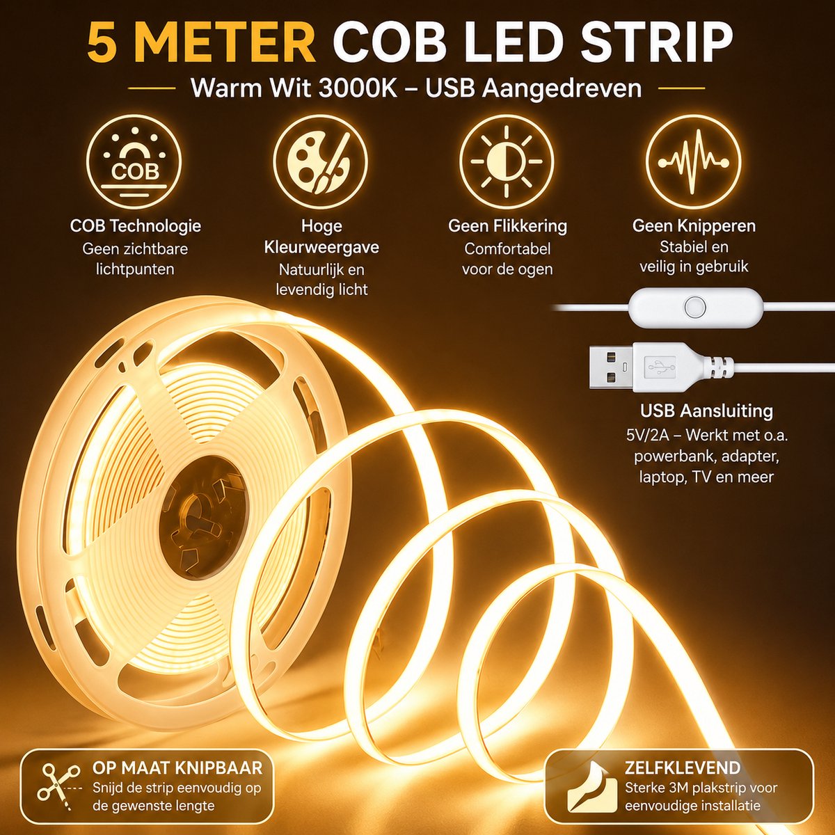 USB LED Strip 5 Meter Warm Wit 3000K - COB LED Verlichting - Zelfklevend plak systeem, Flexibel & Op Maat Knipbaar - Voor TV, Slaapkamer, Keuken en Kast