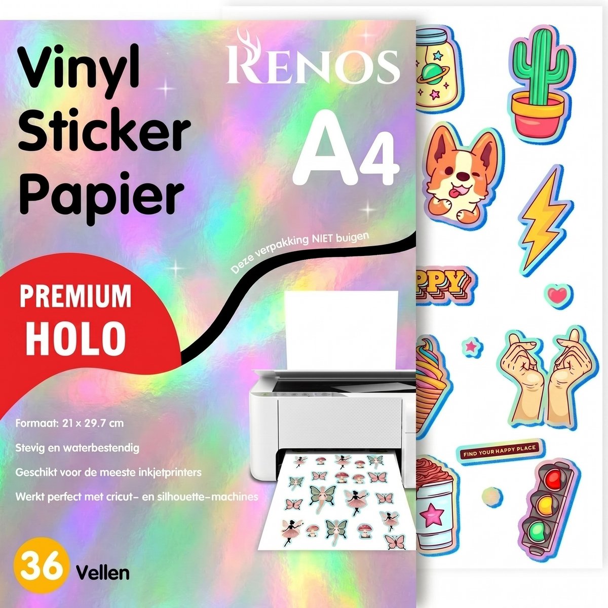 36 Holografisch Vinyl Stickervellen A4 – Waterbestendig Stickerpapier voor Inkjet & Laser Printer - Geschikt voor Snijmachines