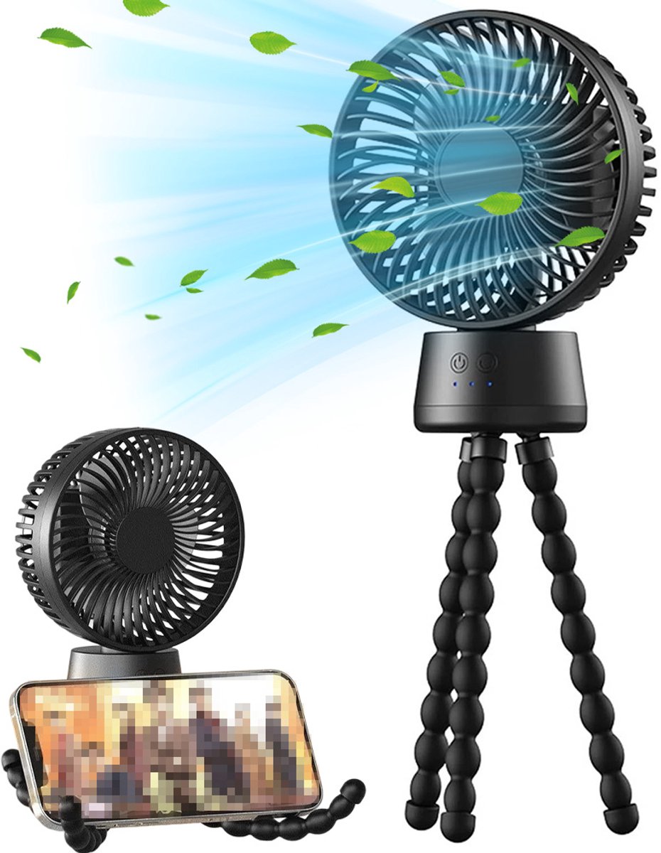 Ventilator - Tafelventilator - Kinderwagen Ventilator - Handventilator met Octopus - Stille Ventilator - 3 Standen - LED-lampen - Zwart