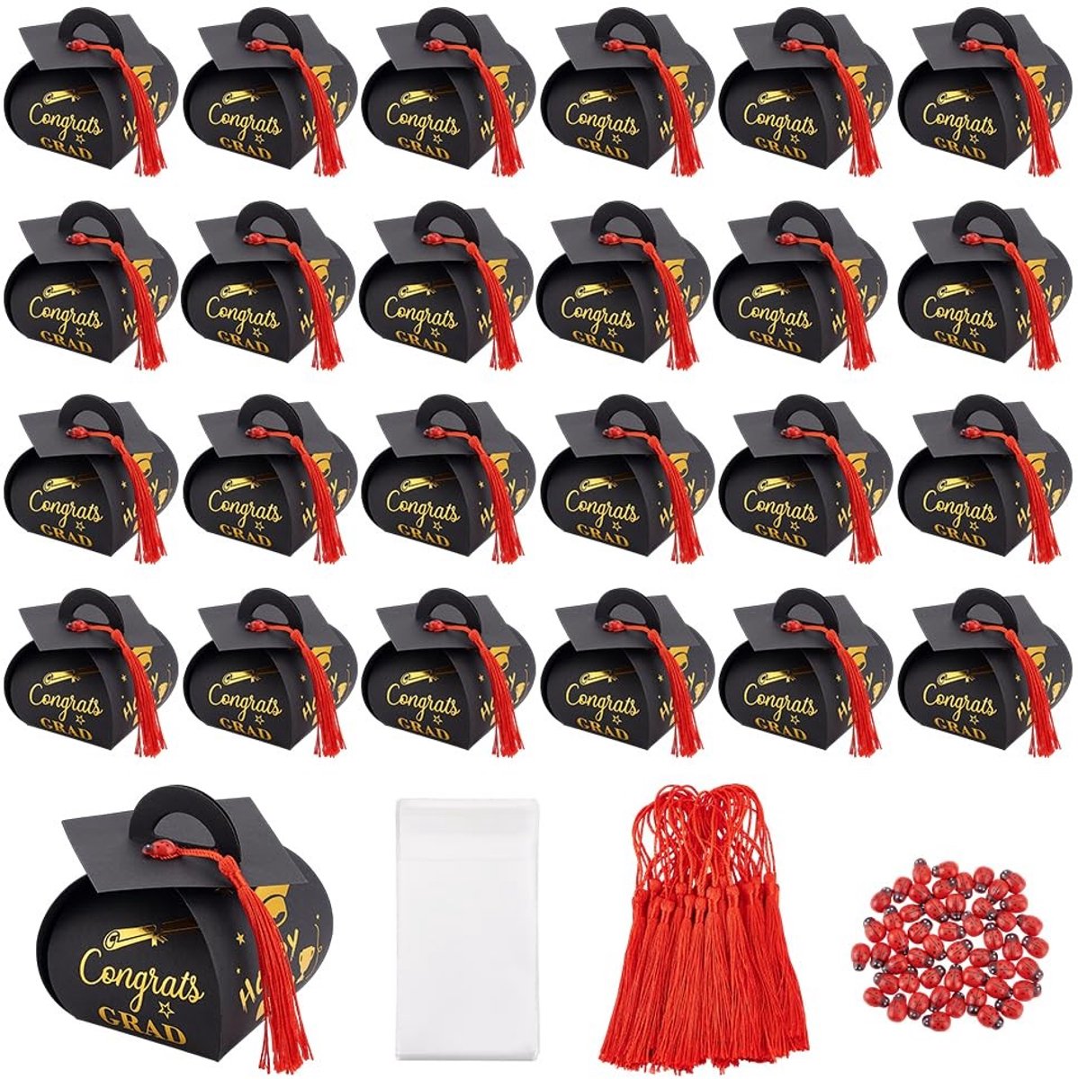 Dailygoods- Geschenkdozen met Deksel Voordeelpakket - Snoepdoosjes / Traktatiedoosjes - Afstudeeraccessoires - Houten Cabochons - Cellofaanzakjes - Lieveheersbeestjeshangers