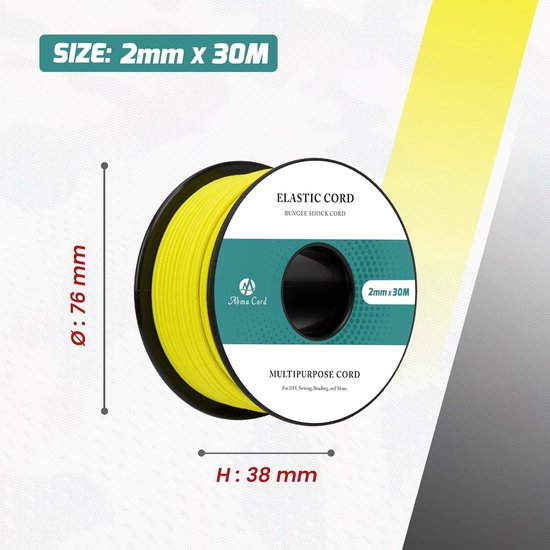 Abma Cord Elastisch Koord 2mm x 30m Elastische Draad Elastieken Rond Touw voor Handwerk, Sieraden, Armband, Naaiwerk, Rugzak, Tentstokken, Kamperen - Fluorescerend Geel — afbeelding 2