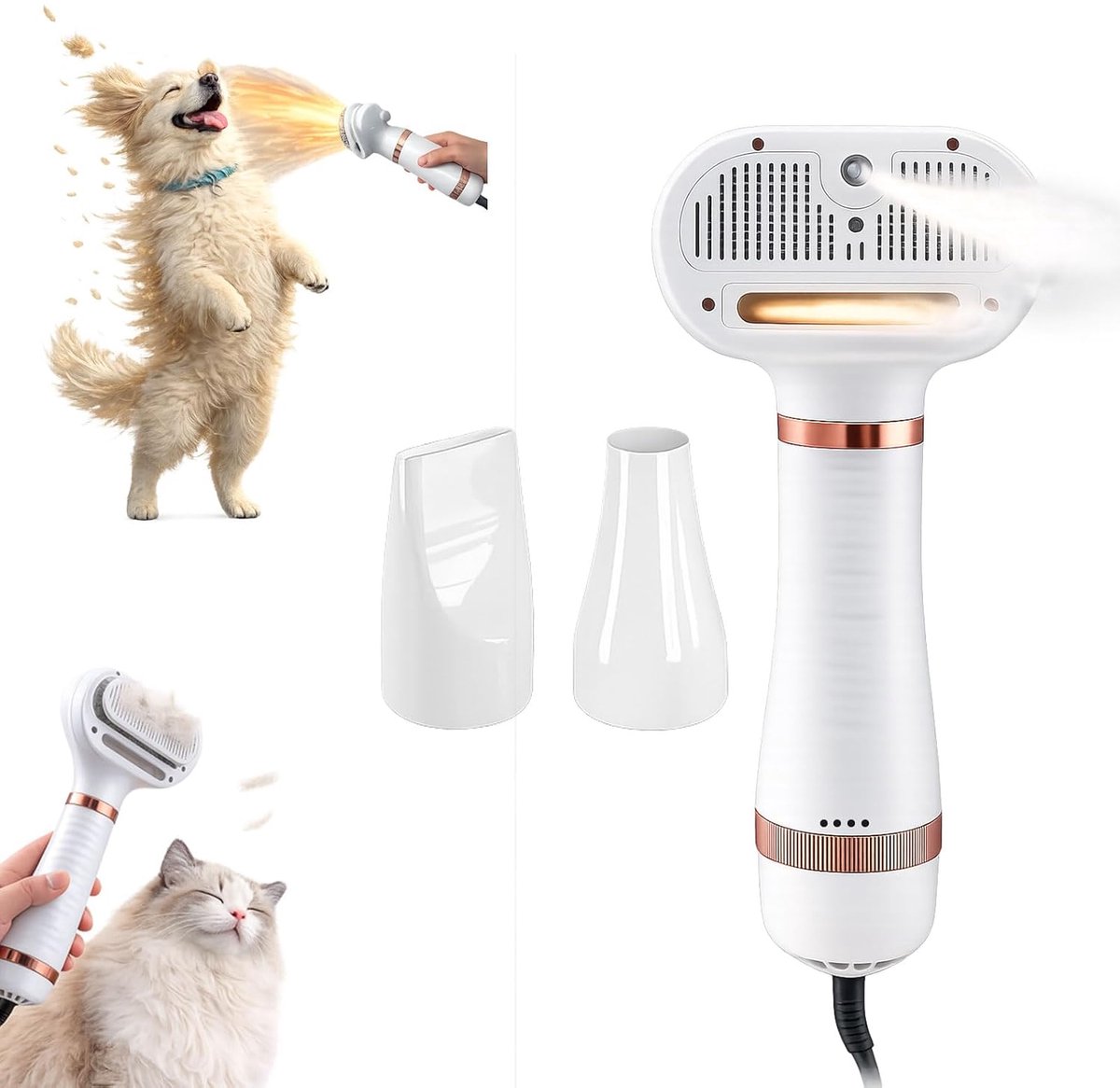 Ulisem - Stoom borstel voor huisdieren - 4-in-1 kam - Verwijdert losse haren - Zacht drogen - 3 instelbare luchtstromen - 45-65°C warme lucht - Zelfreinigend - Geschikt voor katten en honden - 300W