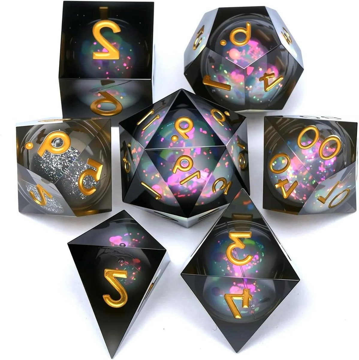 Dobbelstenen Set - RPG Dobbelstenen - Rollenspel Spelen - Transparante Hars - 7 Stuks - Goud Zwart
