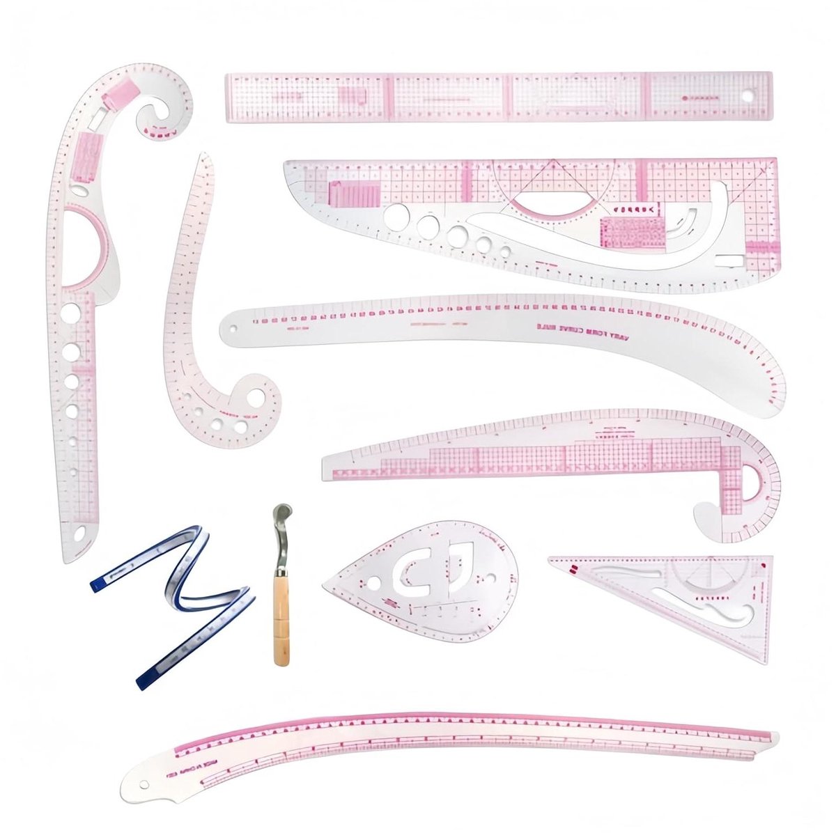 Labellevie 10 Stlye Plastic Fashion Ruler Set Vary Shape Curve French Curve with PGM Pattern Grading Ruler Curve Stick Pattern Design Ruler Sewing Set (Centimeter/inch)