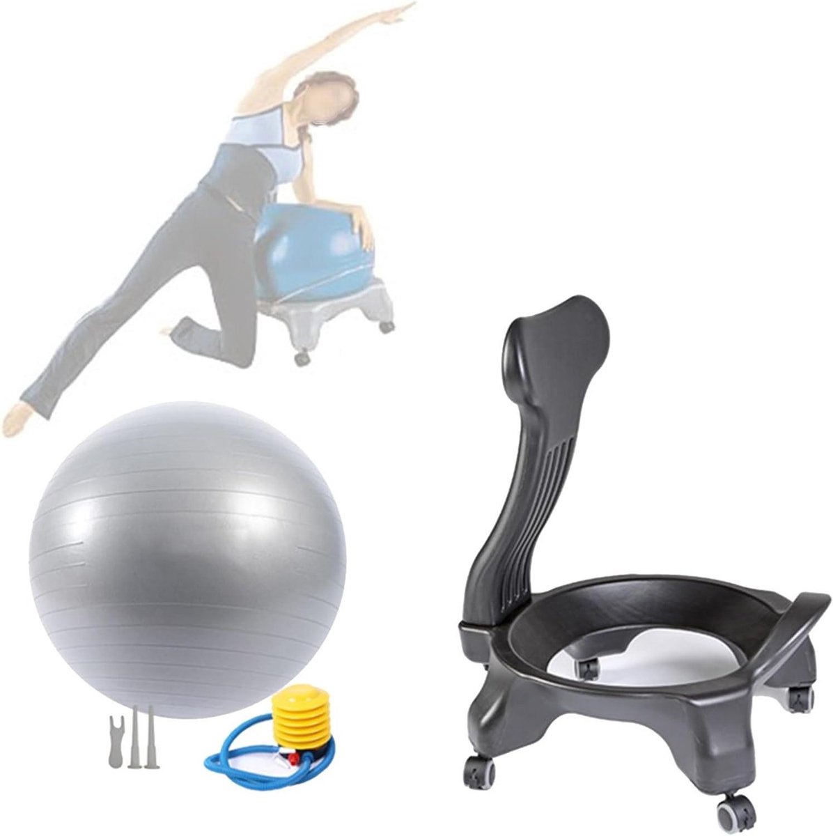 Balansstoel Kantoor - Stabiliteitsbal Stoel - Dynamische Zithouding - Afneembare Rugleuning - 55 cm Bal - Grijs