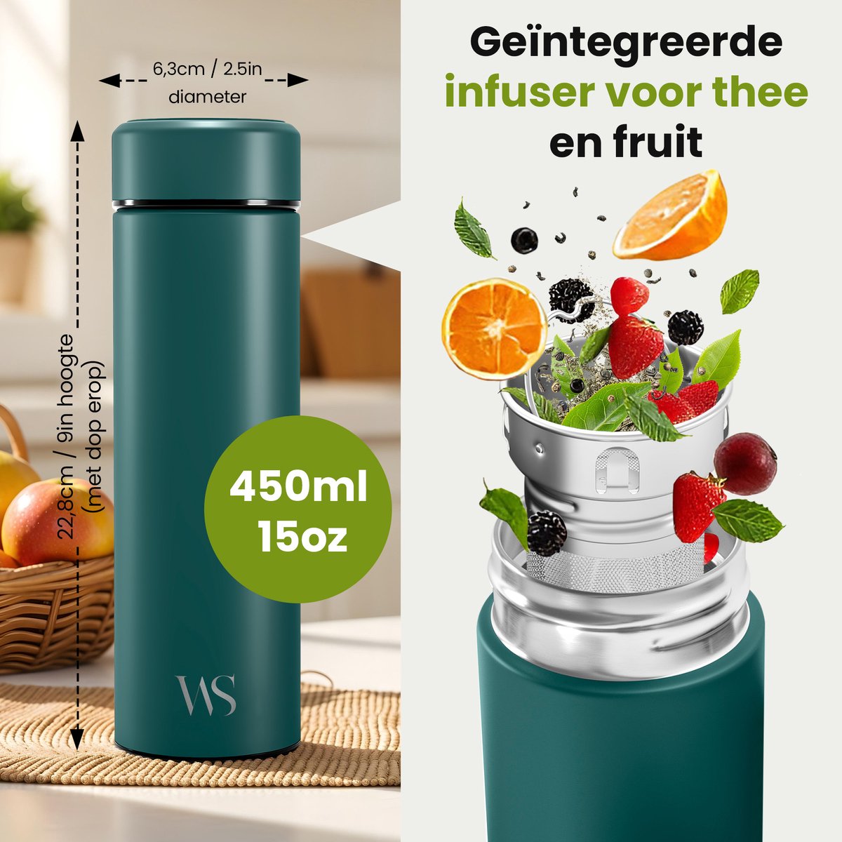 Wilford Thermosfles 450ml met Thee- en Fruitinfuser, RVS Lekvrij thumbnail 4
