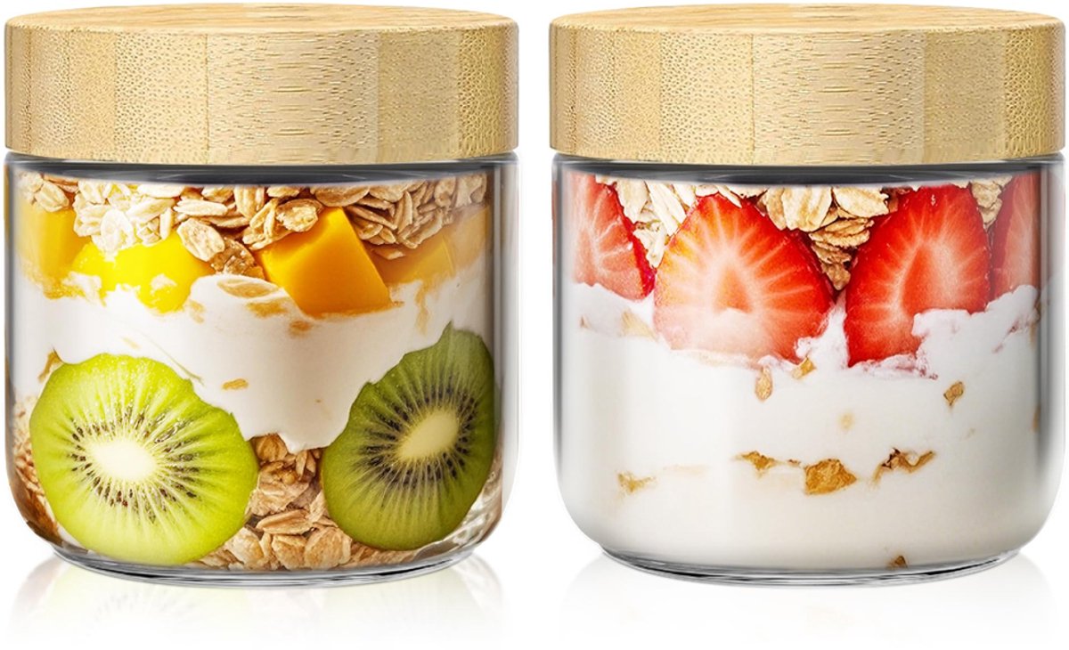 Yoghurt beker Glas - 300 ml - 2 stuks - Muesli beker to go - Overnight Oats potjes