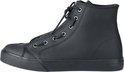 Zwarte hoge sneaker met ritssluiting, veters en rubberen neus, zijaanzicht.