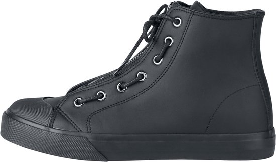 Zwarte hoge sneaker met ritssluiting, veters en rubberen neus, zijaanzicht.