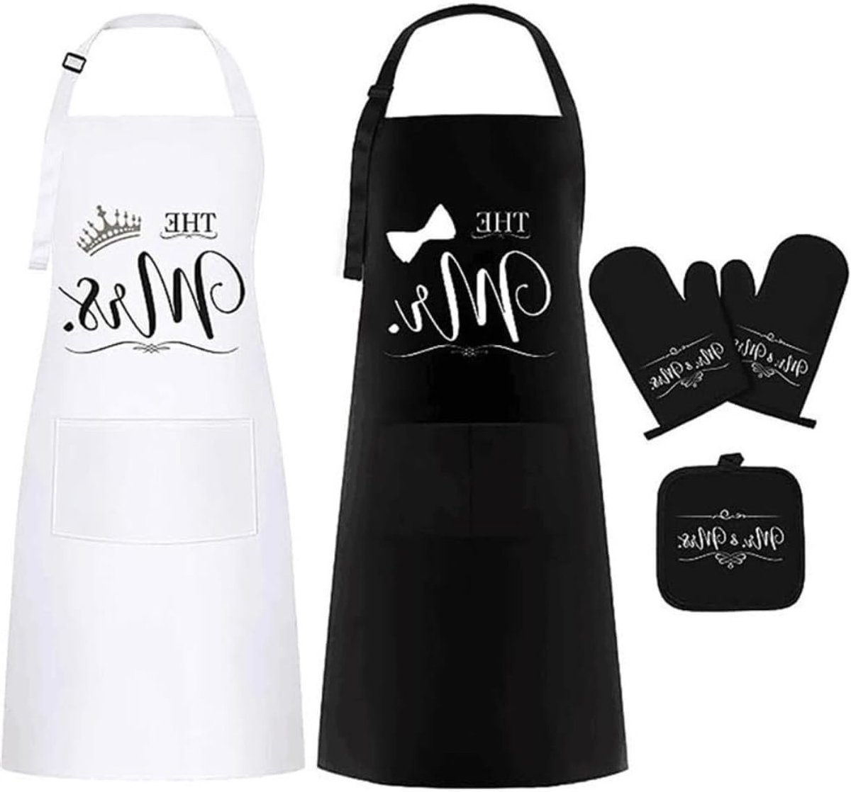 Persoonlijke Keuken Schort Set met Ovenwanten en Pannenlappen, Ideaal voor Koken en Bakken, Geschikt voor Mannen en Vrouwen, Zwart en Wit
