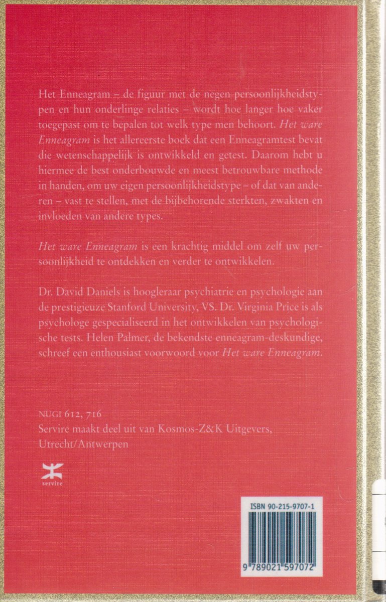 Boekomslag van 'Het ware Enneagram' in rood met witte tekst. Bevat informatie over het boek, auteurs en uitgever.