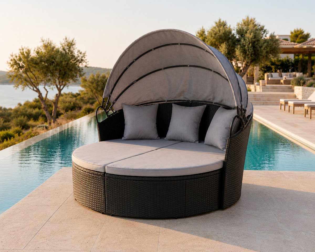Luxe Rotan Zonne-eiland 2-Persoons met Verstelbaar Dak, Kussens en Modulair Design – Weerbestendig Tuin Daybed/Loungeset voor Terras en Zwembad – Grijs Industrohome