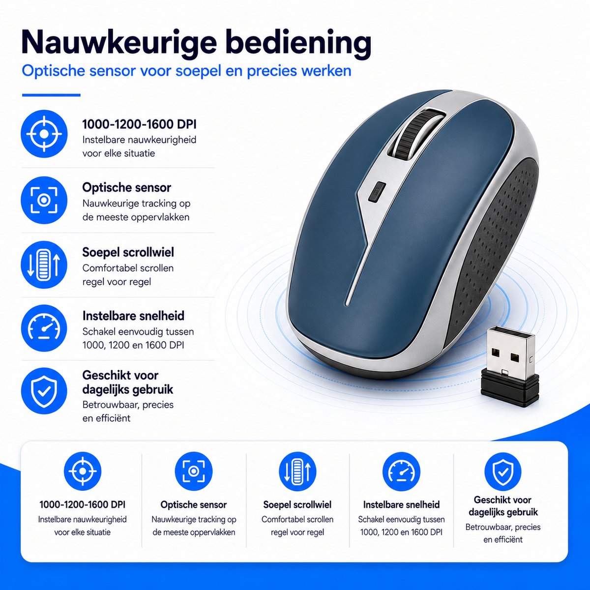 Draadloze Muis 2.4 GHz – Ergonomische USB Muis met Nano Receiver – 1000-1200-1600 DPI – Voor Laptop, PC, Windows en Mac – BlauwZilver thumbnail 5