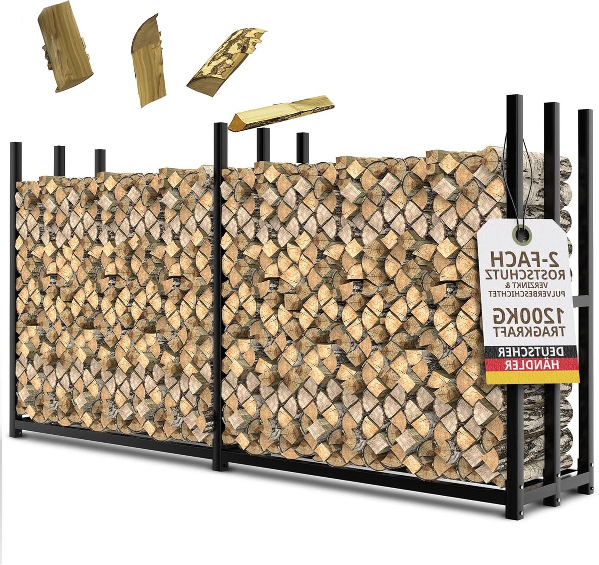Houtopslag Rek - Brandhout Opslag - Tuin Opslag - Roestbestendig Staal - 223 x 50 x 115 cm - Zwart