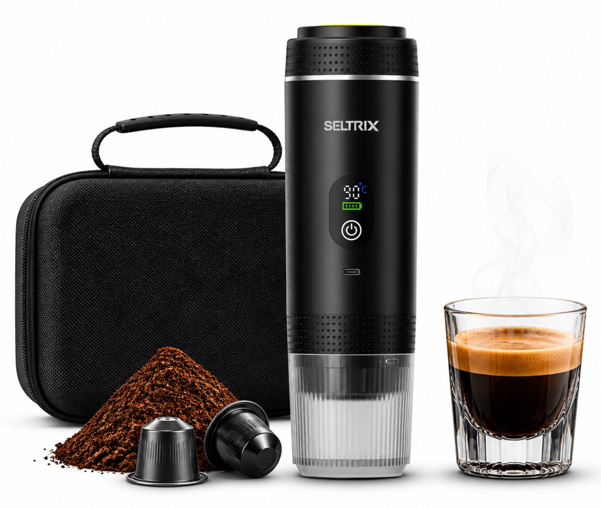 Draagbare Koffiemachine - 20 Bar - Espressomaker voor Onderweg - Inclusief Beschermhoes - 150 ml - 7500 mAh Oplaadbaar - Draagbaar koffiezetapparaat - Cups & Gemalen Koffie - Camping & Reizen - Espresso & Lungo - Seltrix - Zwart