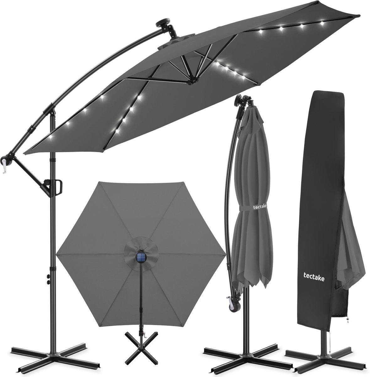tectake® Zweefparasol met Voet - 3 x 3 m - Tuinparasol met LED-Verlichting op Zonne-Energie - Draaibaar - Waterafstotend Polyester met UV-Bescherming - Inclusief Hoes - Grijs