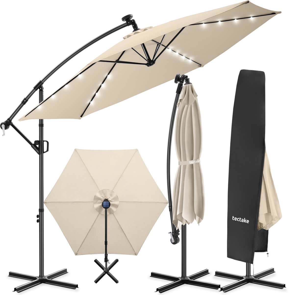 tectake® Zweefparasol met Voet - 3 x 3 m - Tuinparasol met LED-Verlichting op Zonne-Energie - Draaibaar - Waterafstotend Polyester met UV-Bescherming - Inclusief Hoes - Beige