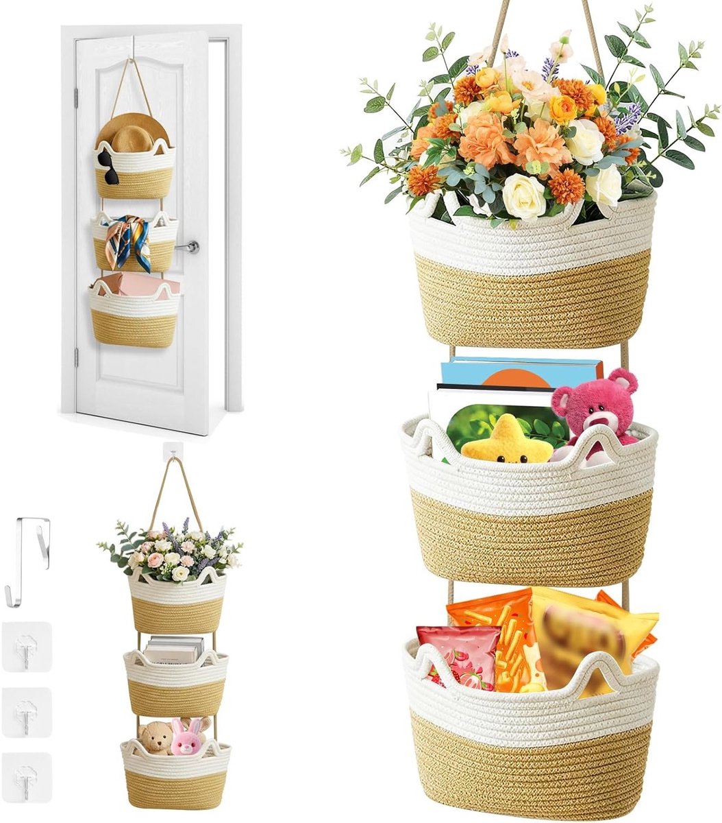 Decoratieve Wandmanden van Katoen met 3 Niveaus voor Kinderen en Badkamer - Hangende Opbergoplossingen voor Boho Interieur en Organisatie