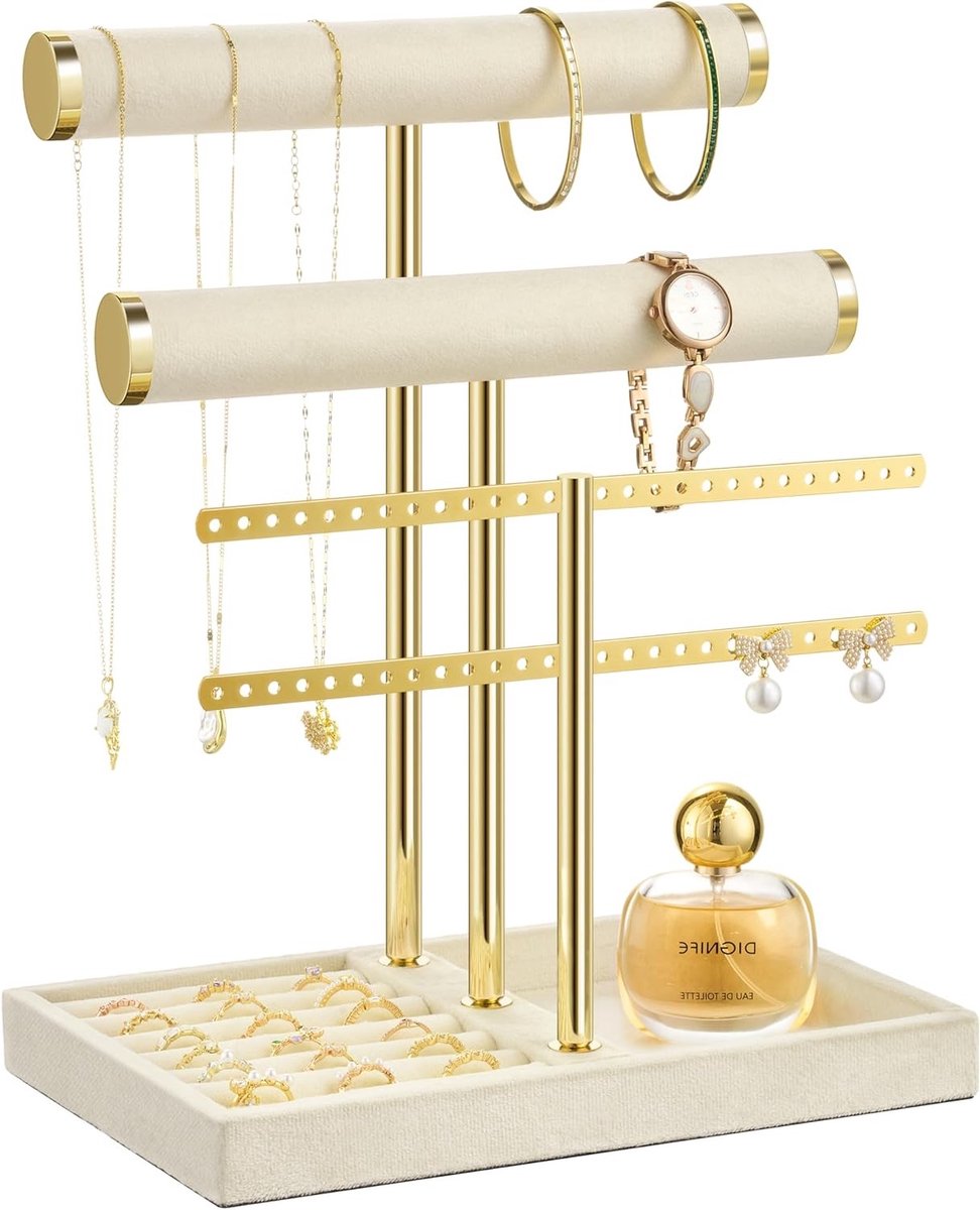 Drie-laags Armbandhouder van Beige Velours - Afneembare T-Bar voor Sieraden, Kettingen, Horloges en Ringen, Perfecte Organizer voor Juwelen