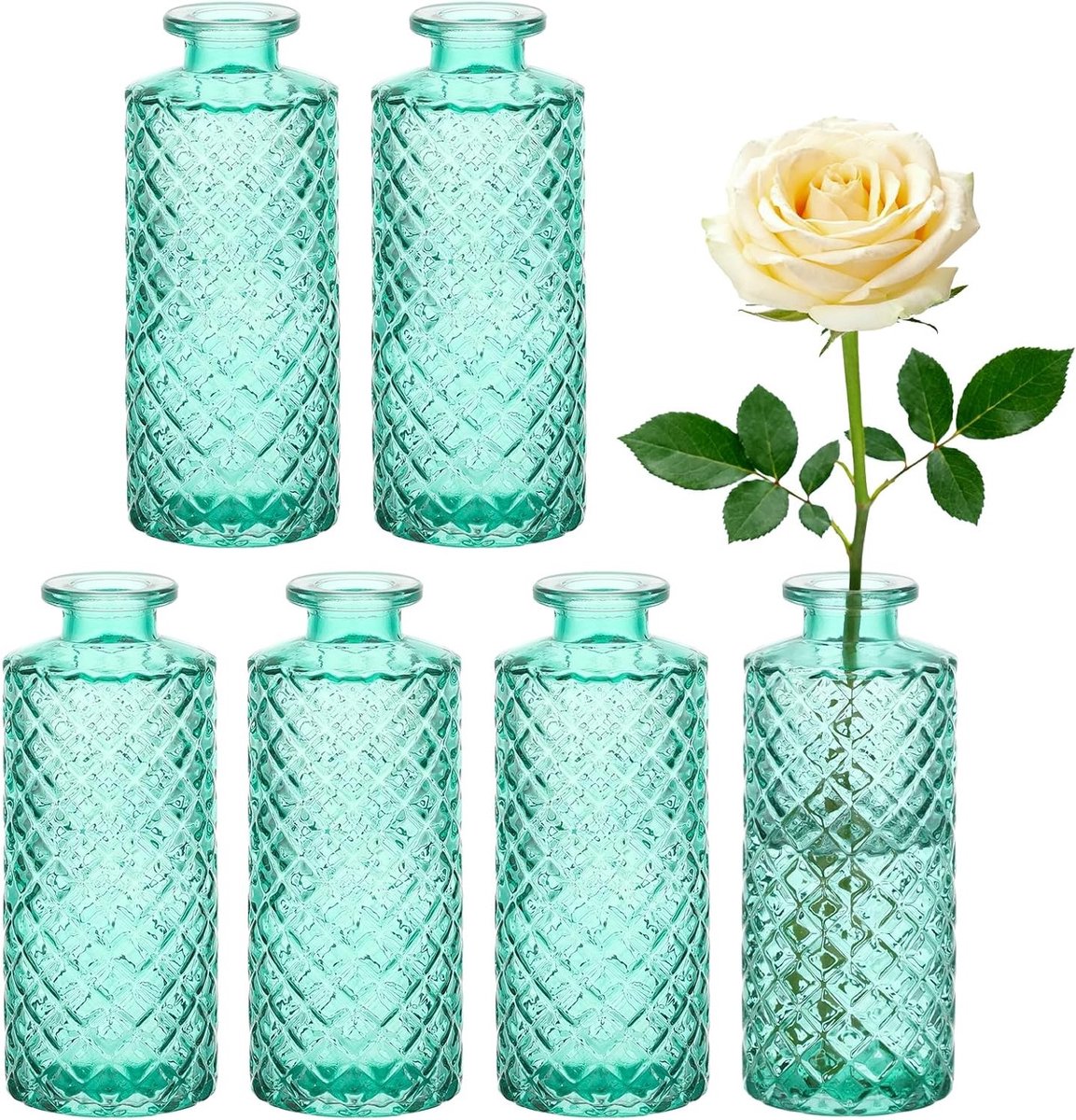 Mini Vintage Vazen Set van 6, Groene Glazen Bloemenvazen voor Tafeldecoratie, Perfect voor Woonkamer, Slaapkamer en Bruiloften