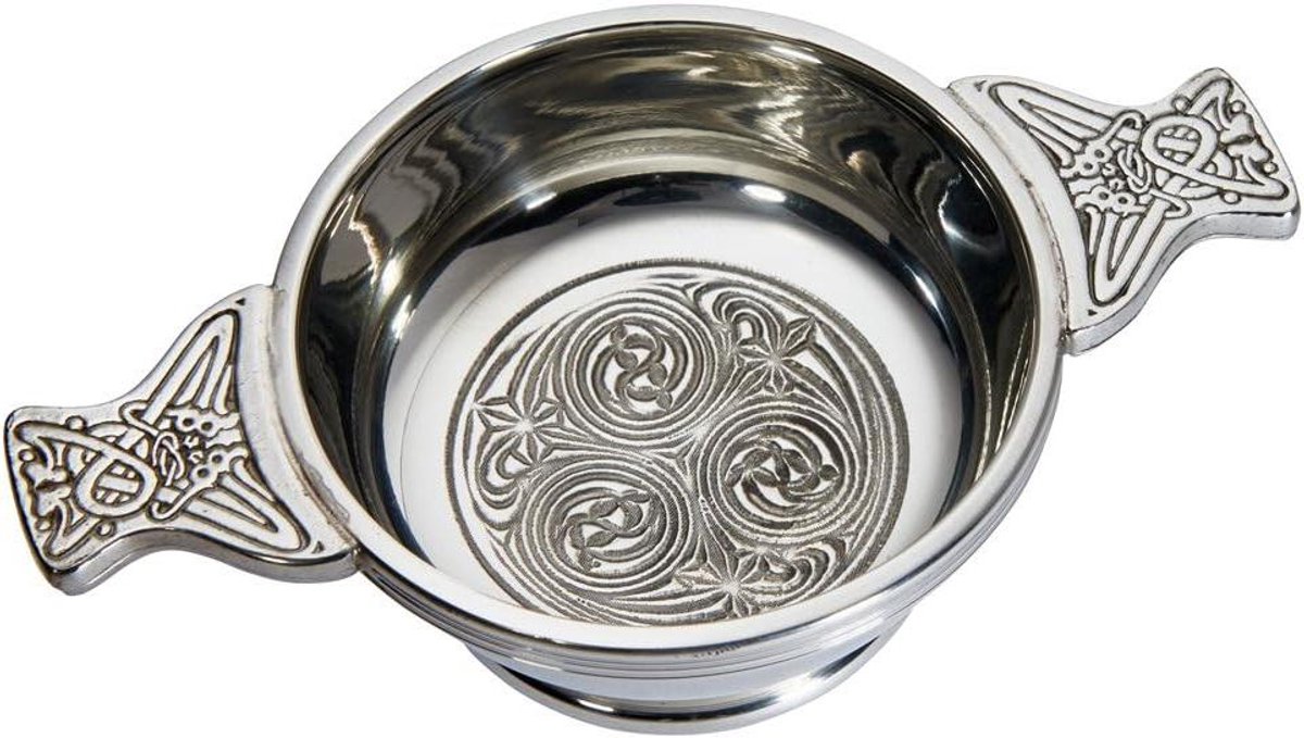 Tinnen Quaich Kom - Whisky Proefschaal - Traditionele Ceremonie - Handgemaakt Keltisch Design - 90mm Diameter - Zilver