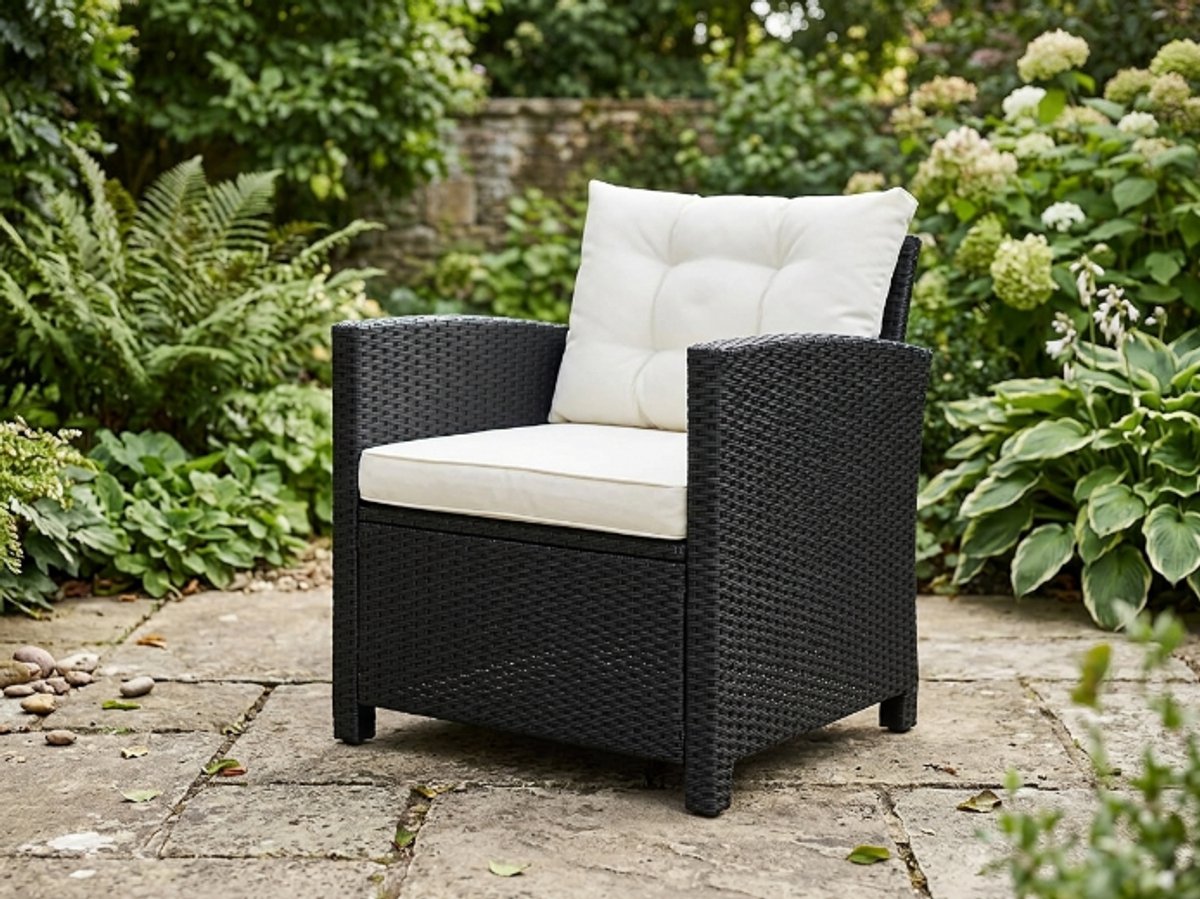 Royal Luxe XXL Hoeklounge Set – Polyrattan Tuinset met WPC Eettafel, Fauteuils & Krukken Zwart industrohome