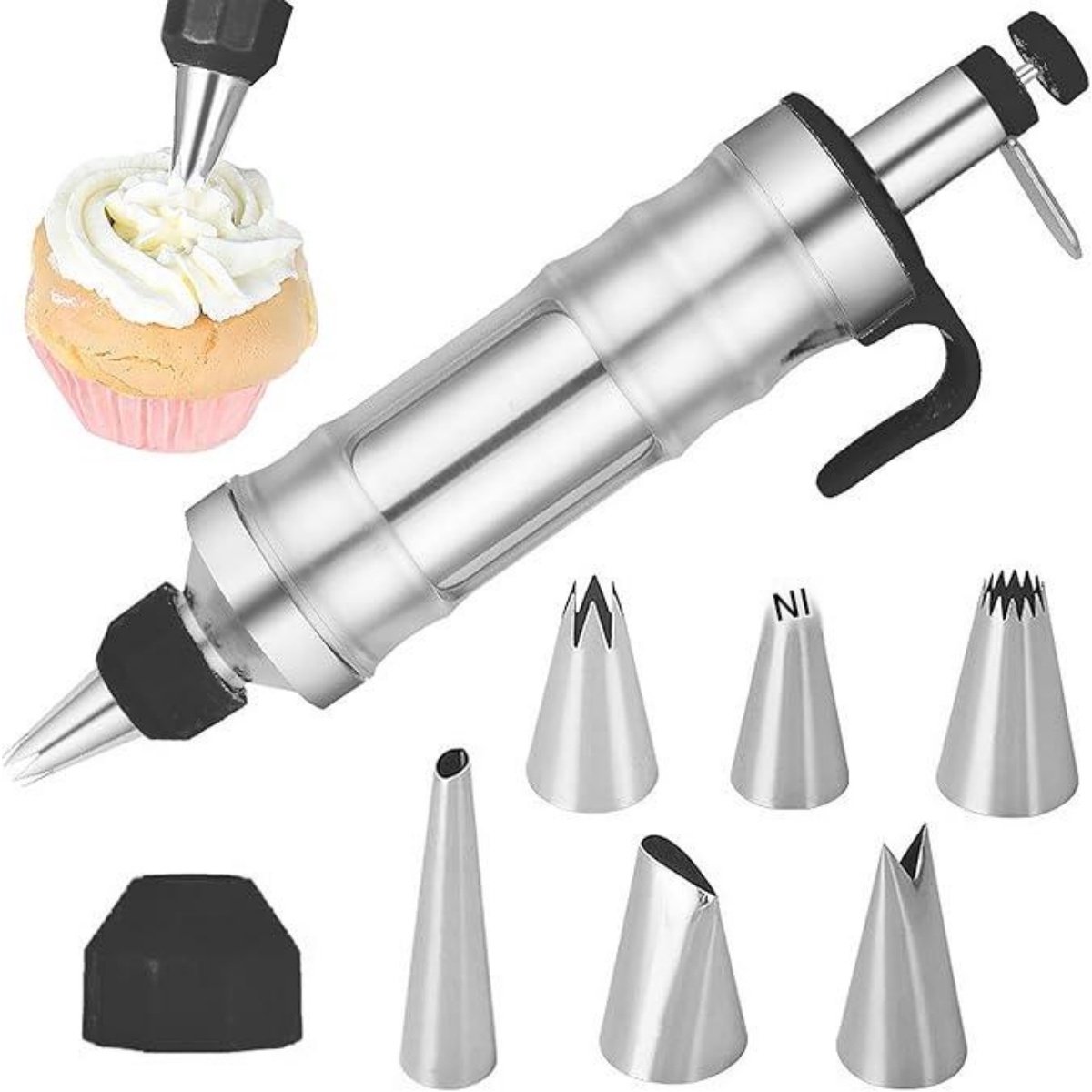 GELLDG Garnerenspuiten - Roomspuit voor Bakken - 28x8.5cm Metalen Spuitzak met Transparante Behuizing en 6 Pijpjes - Geschikt voor Cupcakes, Taarten en Gebak - Duurzaam RVS Apparaat