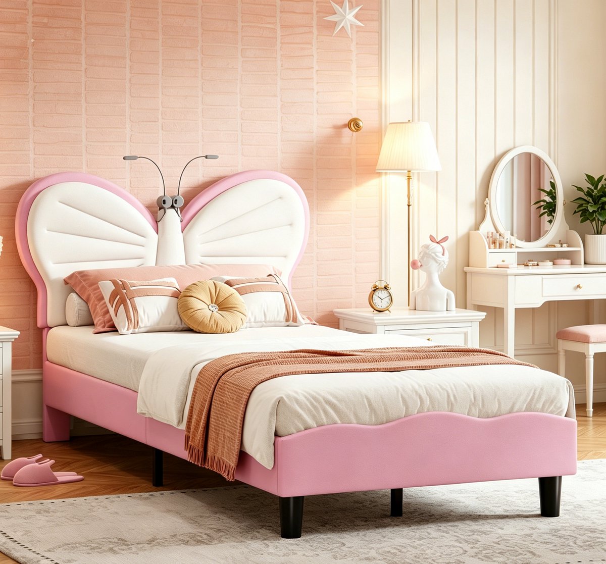 ROSAHQNDA Kinderbed 90 x 190 cm prinsessenbed met ledverlichting, verstelbaar hoofdeinde, gewatteerd gestoffeerd eenpersoonsbedframe met lattenbodem voor kinderen en meisjes, fluweelroze (90x190cm roze vlindervorm)