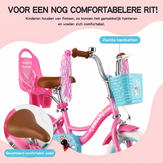 Vankel Kinderfiets 12 Inch - Met Steunwielen - Terugtraprem en Velgrem - Sterk Stalen Frame - Volledig Gesloten Kettingkast - Afneembare Fietsmand - Verstelbaar Zadel - Antislip Banden - Geschikt voor 2-4 Jaar - Duurzame Kinderfiets - Roze van VANKEL — afbeelding 3