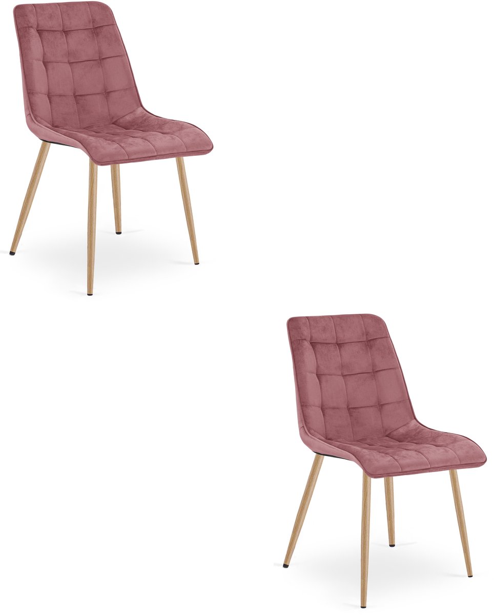 Set van 2 eetkamerstoelen SPLIT – Modern design – donkerroze fluweel – eiken poten