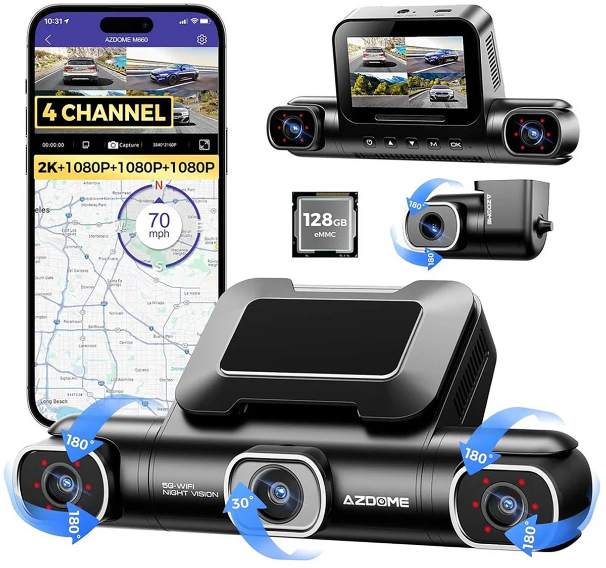 AZDOME M660 2K 4CH 360° Dash Cam - 4 Camera's (voor + achter + links + rechts), Ingebouwde 128GB eMMC & Auto Parkeermodus, GPS, 5G WiFi, 3" Touchscreen, G-Sensor & IR Nachtzicht - Auto Beveiliging - Haarscherpe Nachtzicht - Dashcam Auto 2026 Model