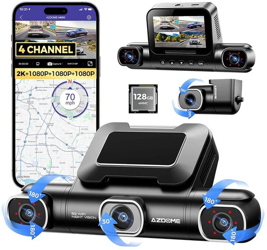 AZDOME M660 2.5K 4CH 360° Dash Cam, Ingebouwde 128GB eMMC, 4 Camera's (voor + achter + links + rechts), GPS, 5G WiFi, 3" Touchscreen, G-Sensor & IR Nachtzicht - Professionele Auto Beveiliging - Haarscherpe Nachtzicht - Dashcam Auto 2026 Model