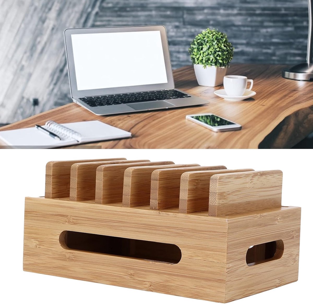 Telefoon Tablet Organizer - Opbergdoos Hout - Bureau Opruimen - Natuurlijk Bamboe - 19 cm Breed - Houtkleur — cadeau in Wonen & Interieur - foto 3