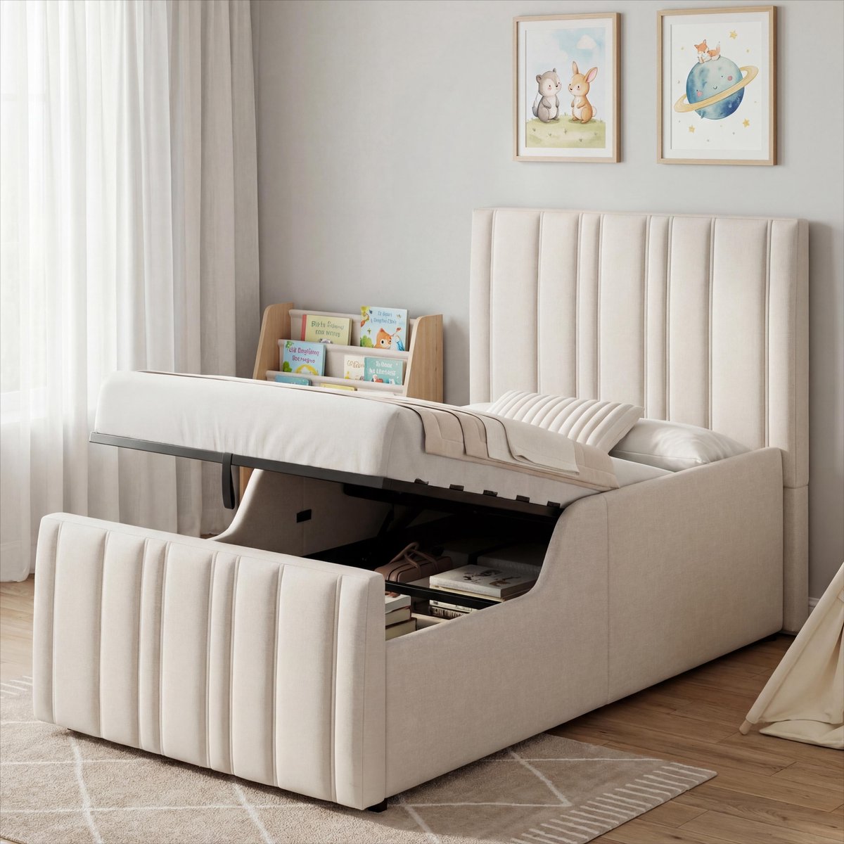 BLACKCOLORS Gestoffeerd bed, eenpersoonsbed, kinderbed 90 x 200 cm, hydraulisch functioneel bed, bed met lattenbodem, hoofdeinde en grote opbergruimte, gestoffeerd hoofdeinde, beige, linnen