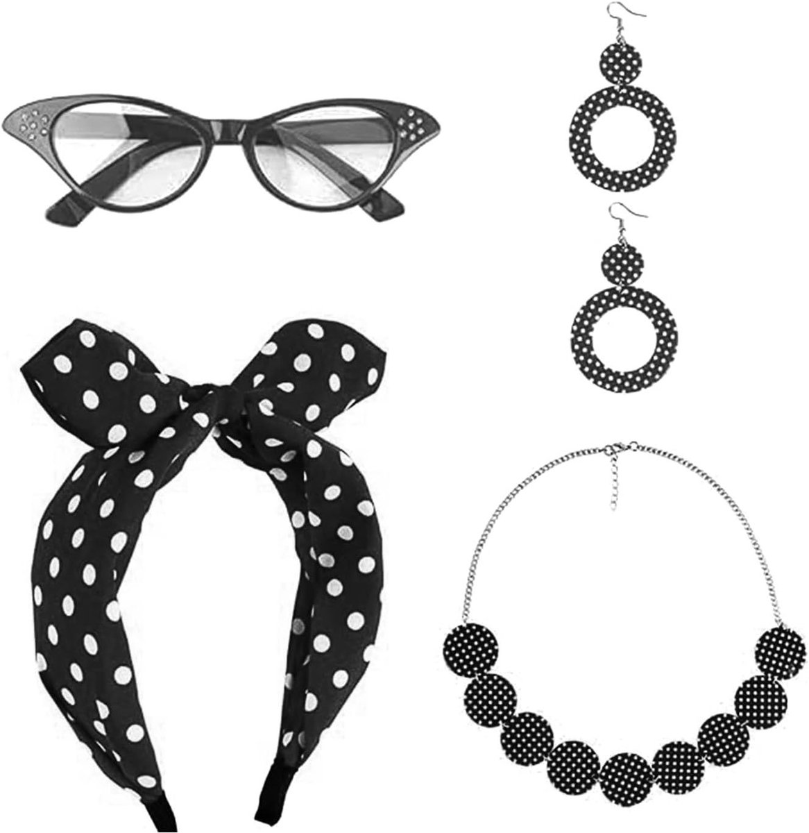 Rockabilly accessoires voor vrouwen - 50s kostuum met 60s polka dot oorbellen, haarband, brillen en ketting voor retro themafeesten