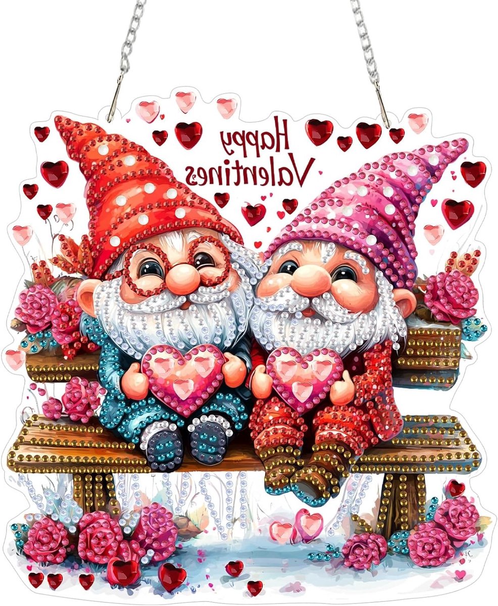 Valentijnsdag Diamant Schilderen Kit voor Volwassenen, Gnoom Diamant Kunst Hangdecoratie voor Thuis, Raam en Tuin, 20cm Breed met Speciale Vormige Strassstenen