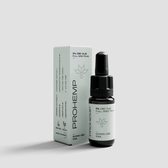 ProHemp CBD olie 5% full spectrum 10ml in een flesje met druppelaar, naast de verpakking. 500mg CBD.