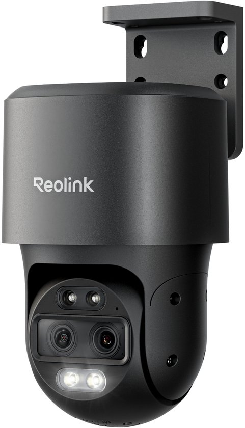 Grijze Reolink PTZ beveiligingscamera met Reolink logo, gemonteerd op beugel.