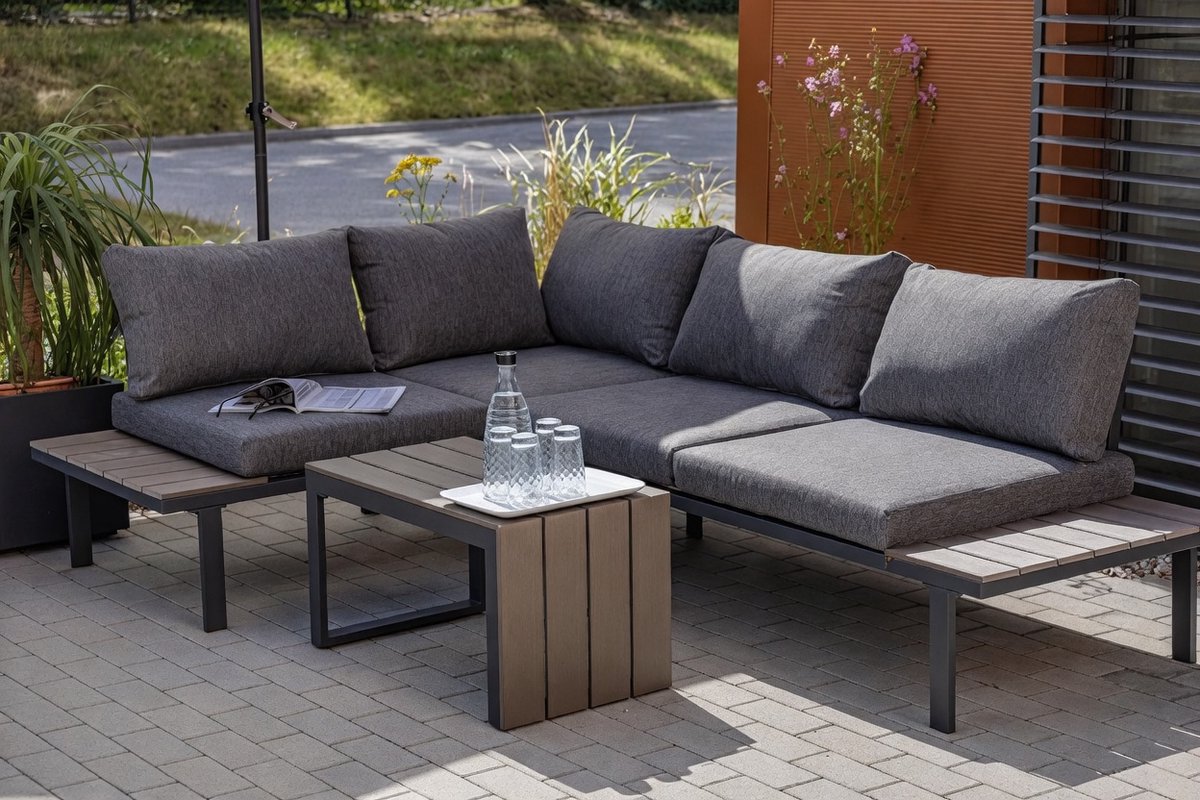 Luxe Modulaire Tuinbank Loungeset – 4-delige Moderne Outdoor Hoekbank met Stalen Frame in Houtlook – Weerbestendig Polywood & Comfortabele Kussens – 155 x 70 x 64 cm – Lichtbruin,Industrohome