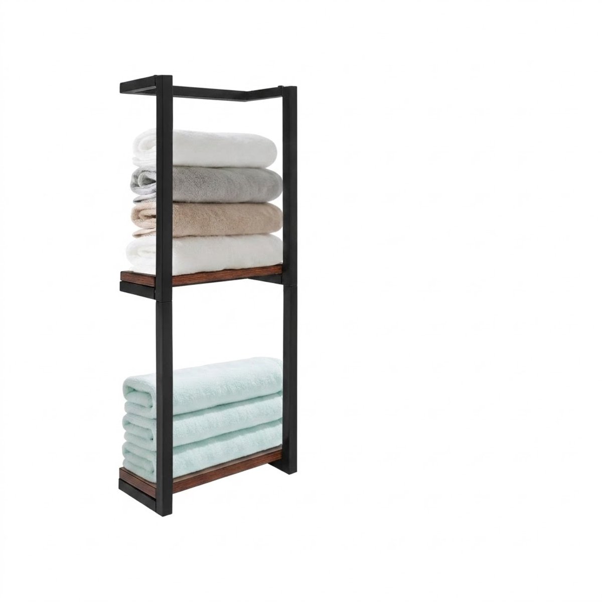 Solvix Handdoekrek – Wandrek – Wandplank – Doucherek voor Badkamer – Dubbele Handdoekhouder – Metaal/Houtlook – Wandmontage – Zwart/Bruin