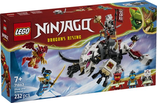 Doos LEGO NINJAGO 71863 Zilvar en Grimtak: Een witte draak met ruiter, rode draak en NINJAGO figuren op besneeuwde achtergrond.