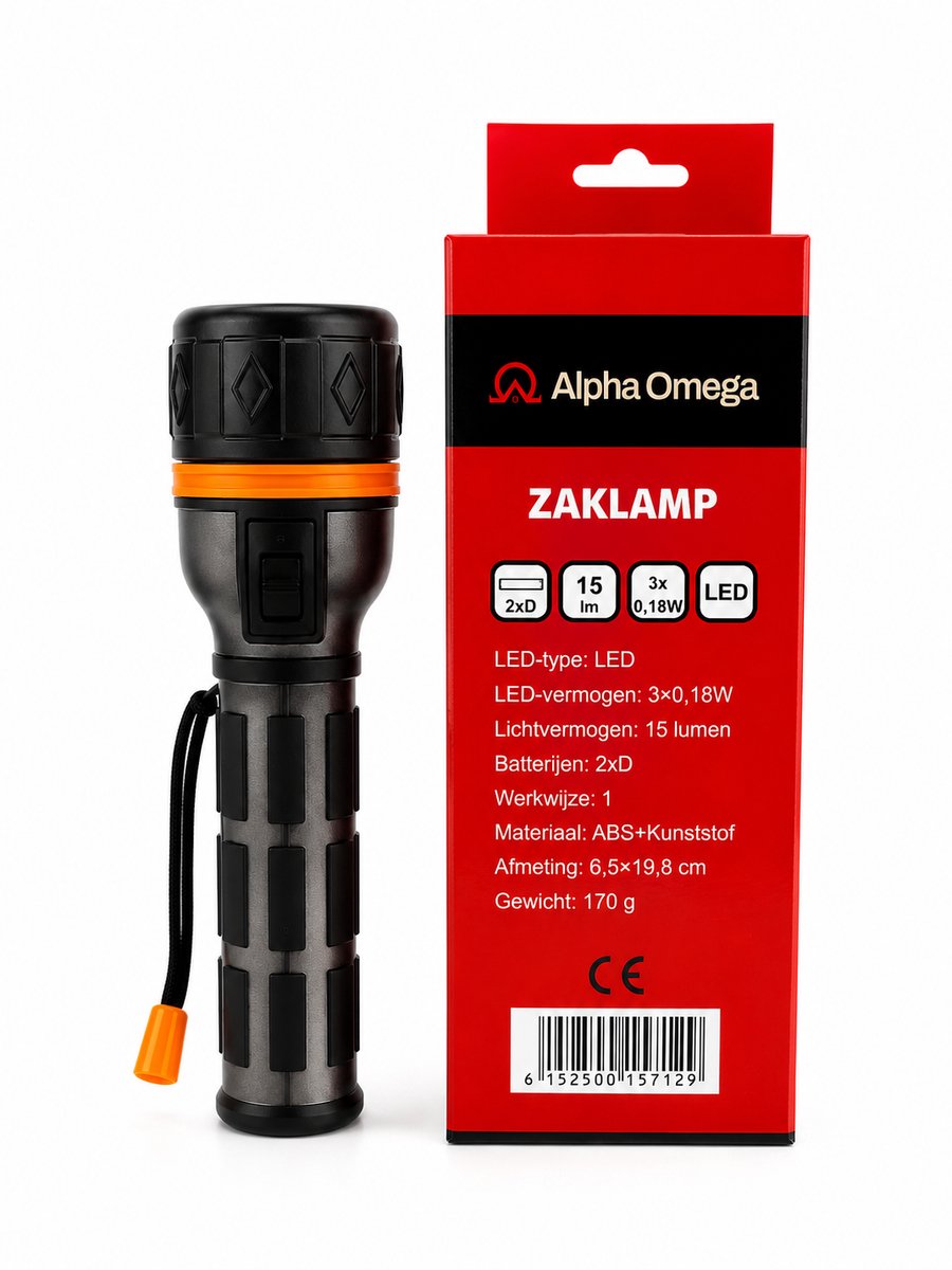 Alpha Omega LED Zaklamp – 15 Lumen – Werkt op 2x D Batterijen – Compacte Handlamp – Zwart/Rood