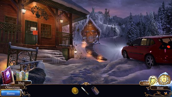 Een besneeuwde avond met een houten huis, een trap, een rode auto en bergen op de achtergrond.