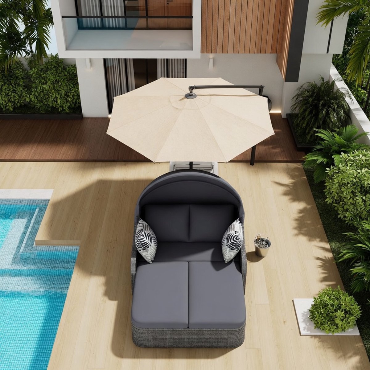 Solar Island Garden Lounge Set, PE Rattan with Adjustable Canopy, All-Weather Patio Wicker Lounger, Double Lounge with 4 Cushions and Removable Cushion Cover, for Garden, Pool, Grey-Industrohome