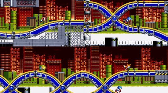 Sonic en Tails rennen op een blauwe en gele baan door een stad met oranje gebouwen.