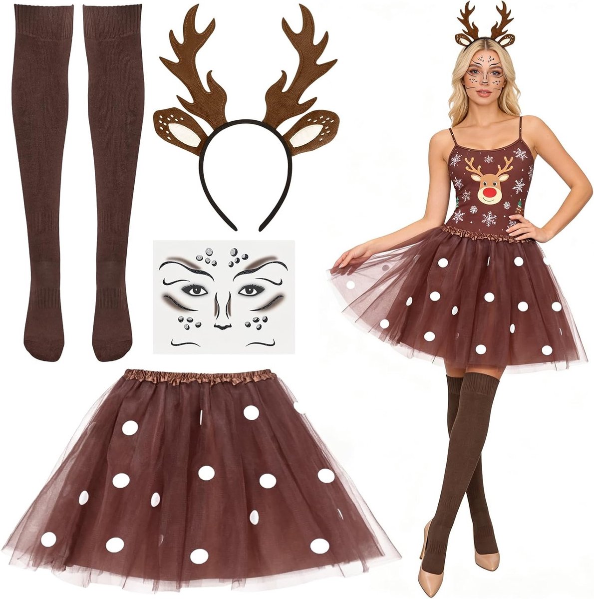 Carnaval Kostuum voor Vrouwen, 4-delige Set met Tulle Rok, Sokken, Hert Antlers en Haarband voor Feestjes en Thema Evenementen