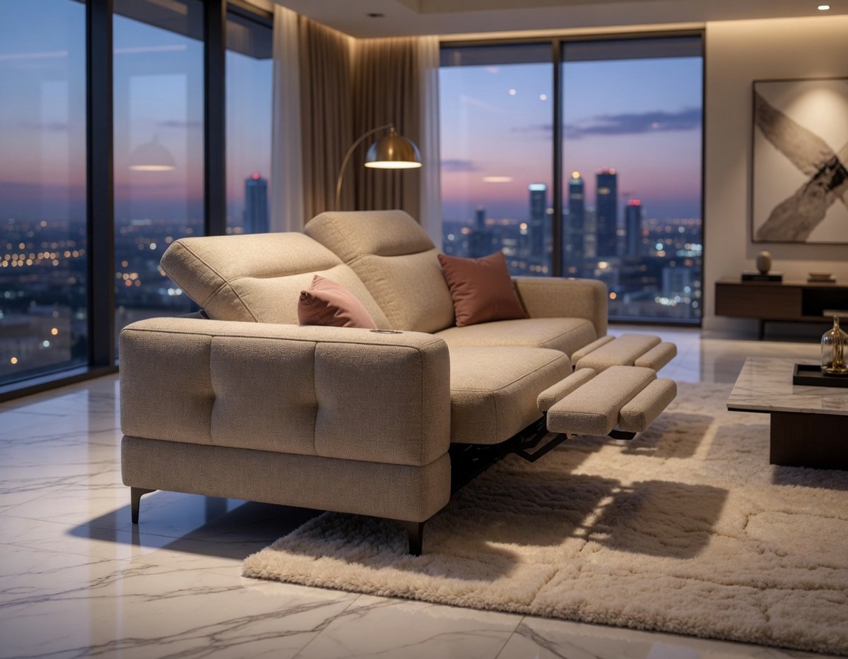 Loungeset 2-zitsbank met elektrische relaxfunctie – Industrohome Malibu Relax Pro – Relaxbank met verstelbare hoofdsteunen – Gemma stof waterafstotend – Moderne stoffen bank met metalen poten – Roségrijs – 178 cm